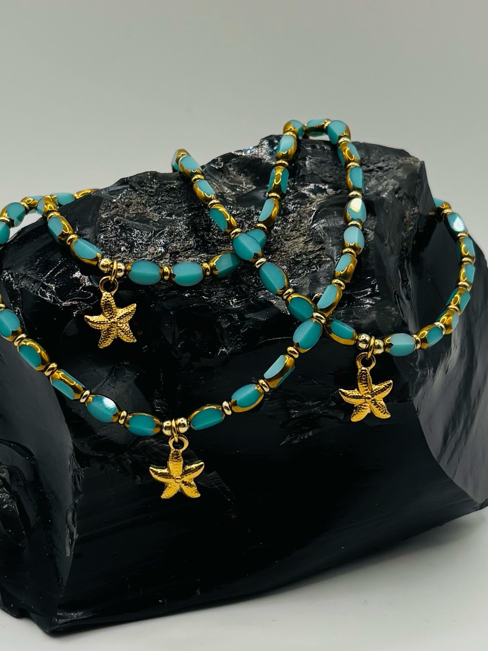 *Anklet* S. Steel Gold Starfish & Turquoise Crystal Stretchy Ankle Bracelet
